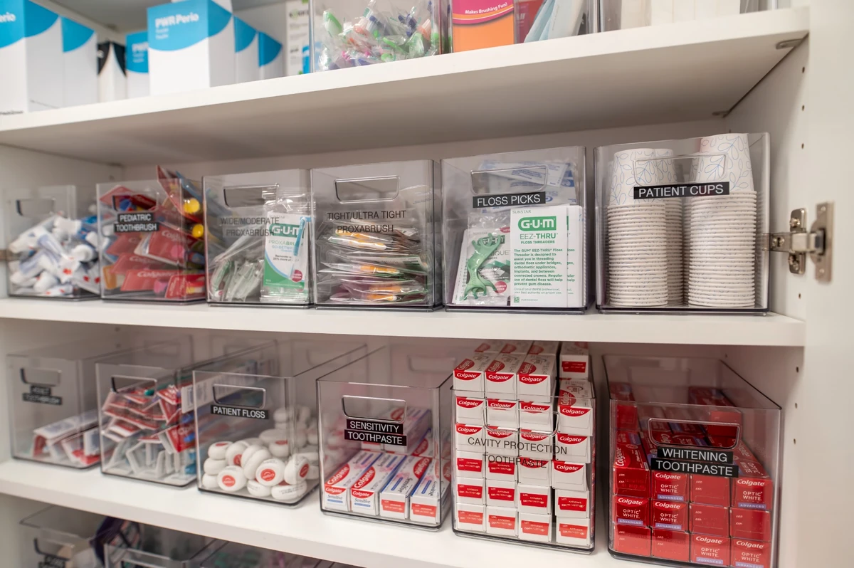 Organized patient supplies at Village Dental Studio